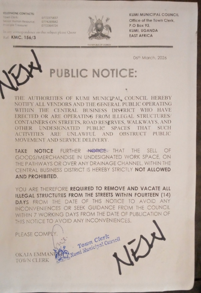 Kumi Municipality Issues 14-Day Ultimatum to Traders Operating on Walkways